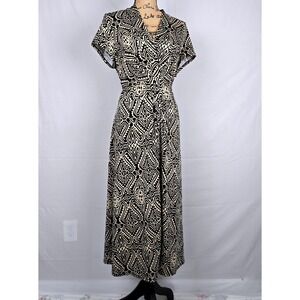 Chelsea Suite Womens Tribal Geometric Print Maxi Dress Black Tan V-Neck Size 14